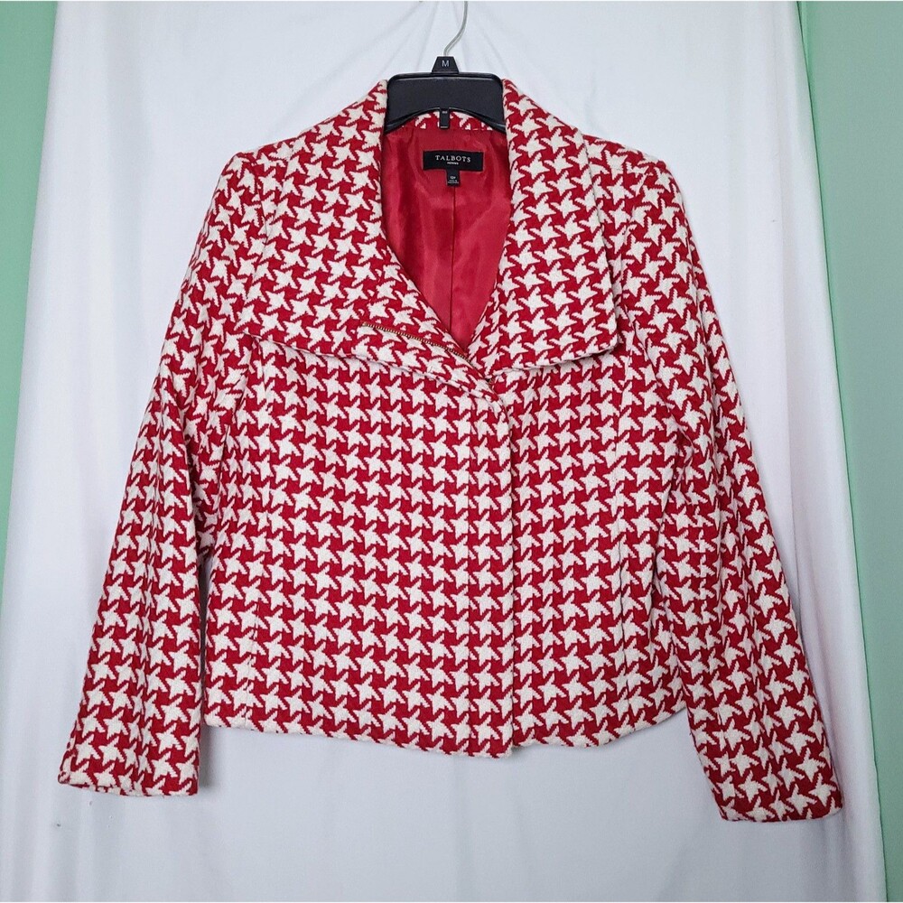 Talbots Petites Women's Red White Houndstooth Wool Blend Zip Lined Jacket 12P